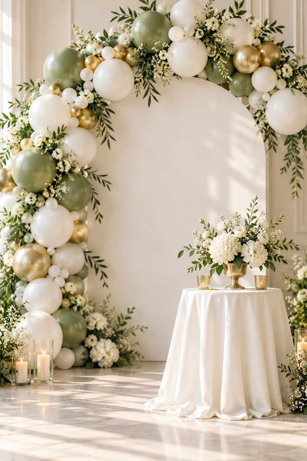 Baptism party ideas: white, sage green and gold balloon garland arch