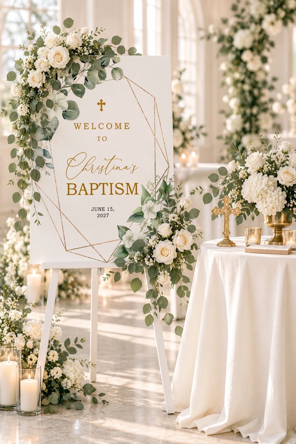 Baptism welcome sign with eucalyptus and a gold frame on an easel with white flowers