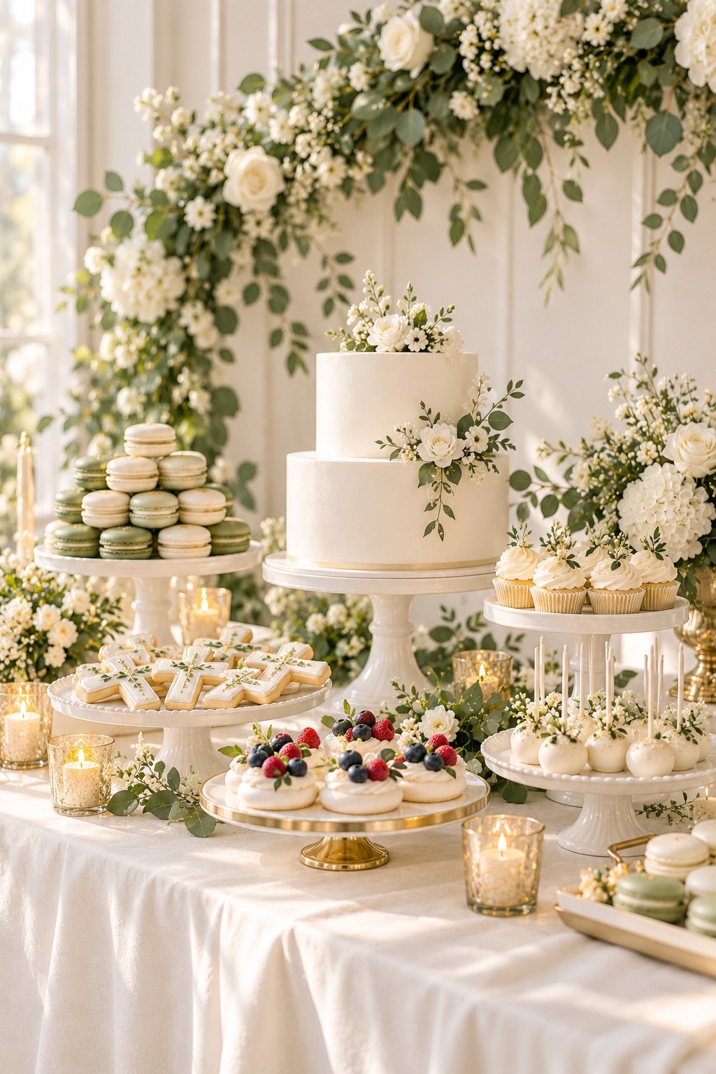 White and sage dessert table for a baptism party