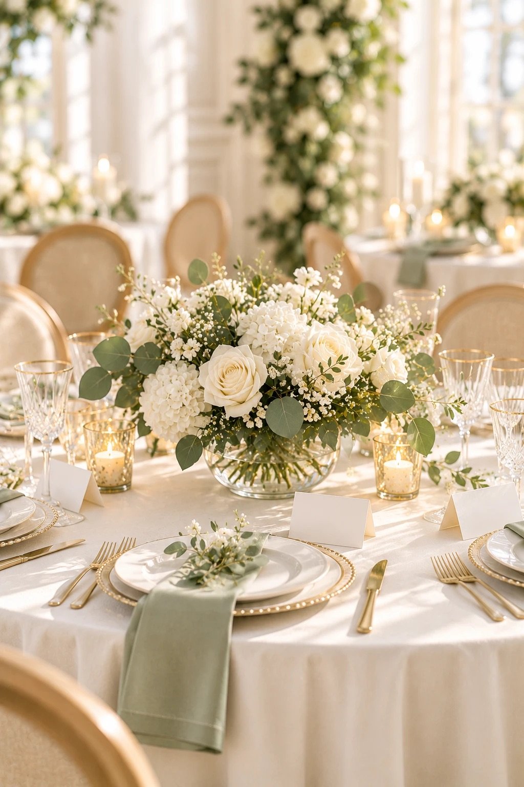 Low white rose and eucalyptus centerpiece on an ivory baptism table with blank place cards
