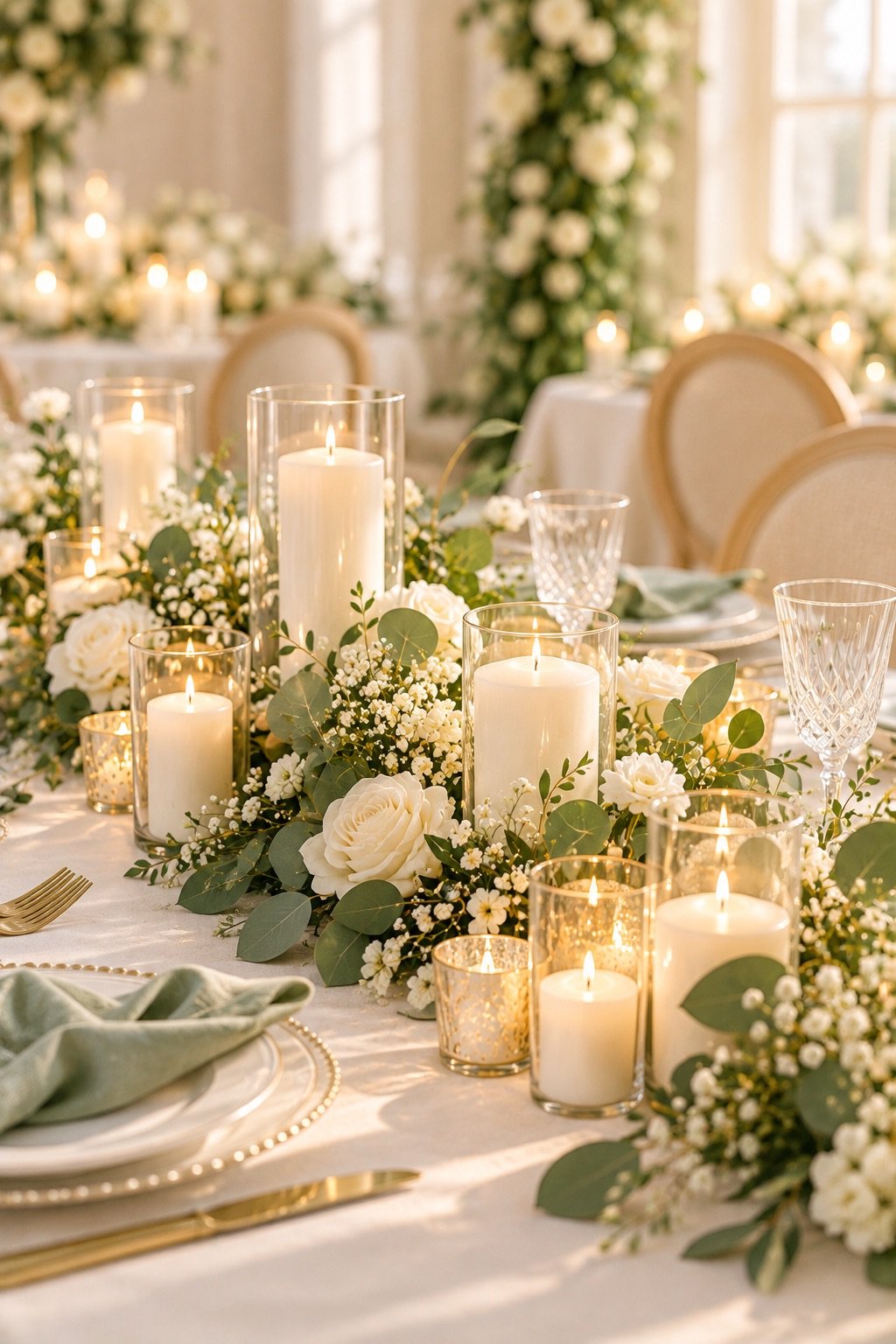 White pillar candles with roses and eucalyptus on a baptism table