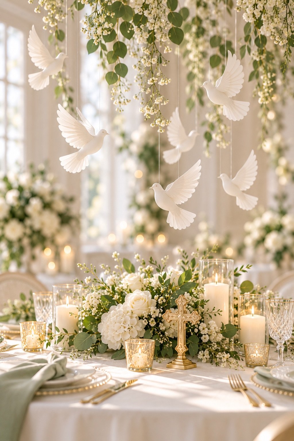White paper doves hanging above a baptism table with a gold cross