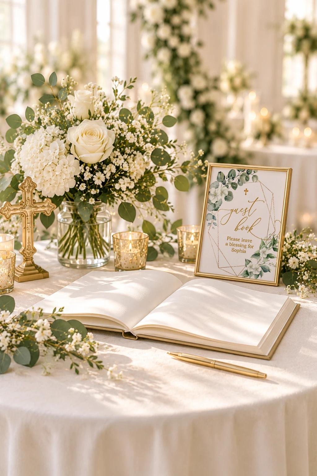 Baptism guest book table with a eucalyptus guest book sign in a gold frame