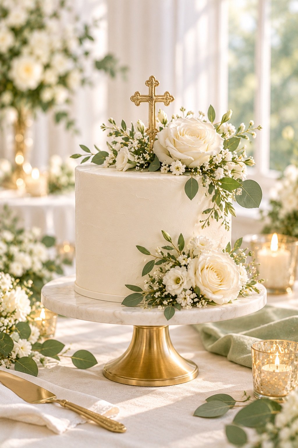 Simple white baptism cake with fresh flowers and a gold cross topper