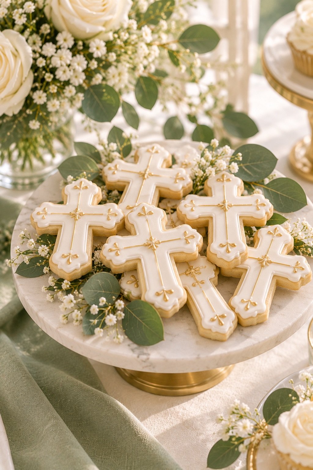 Cross-shaped baptism cookies with white icing and gold details