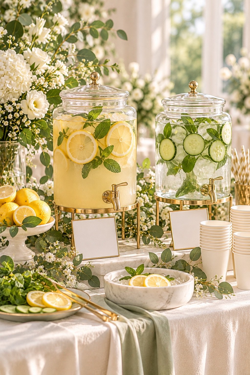 Non-alcoholic lemonade and cucumber-mint drink bar for a baptism party