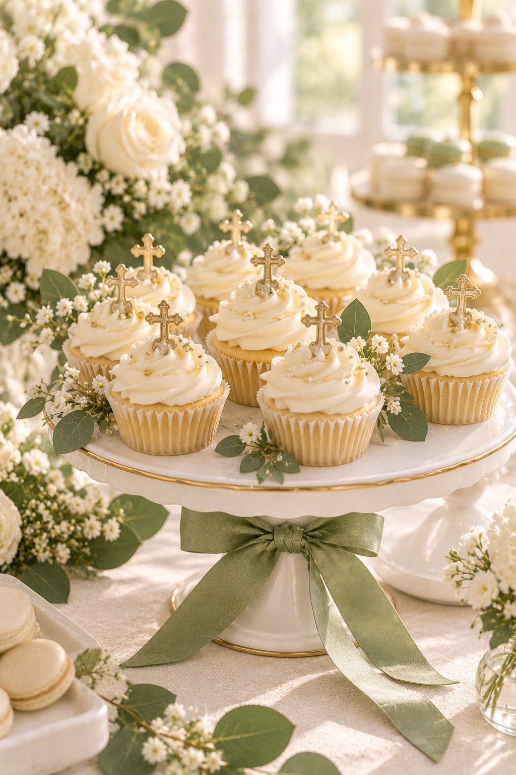 White baptism cupcakes with gold cross toppers on a stand