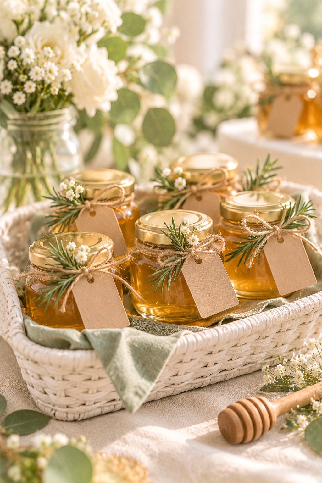 Mini honey jar baptism favors in a basket
