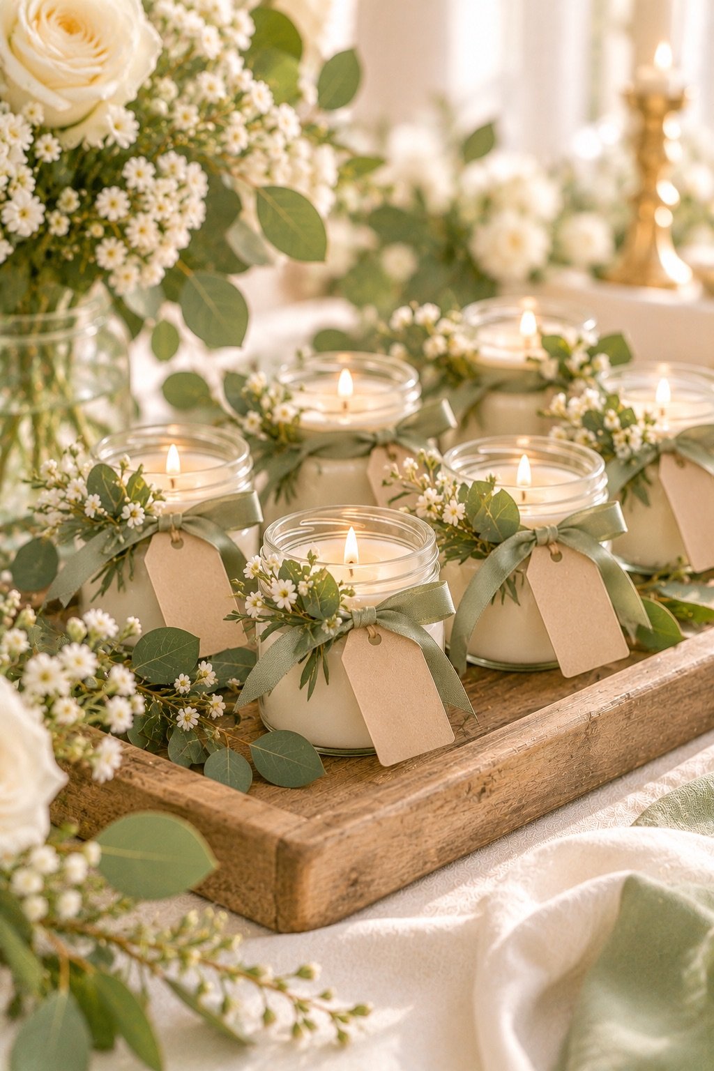 Mini candle favors with eucalyptus for a baptism party