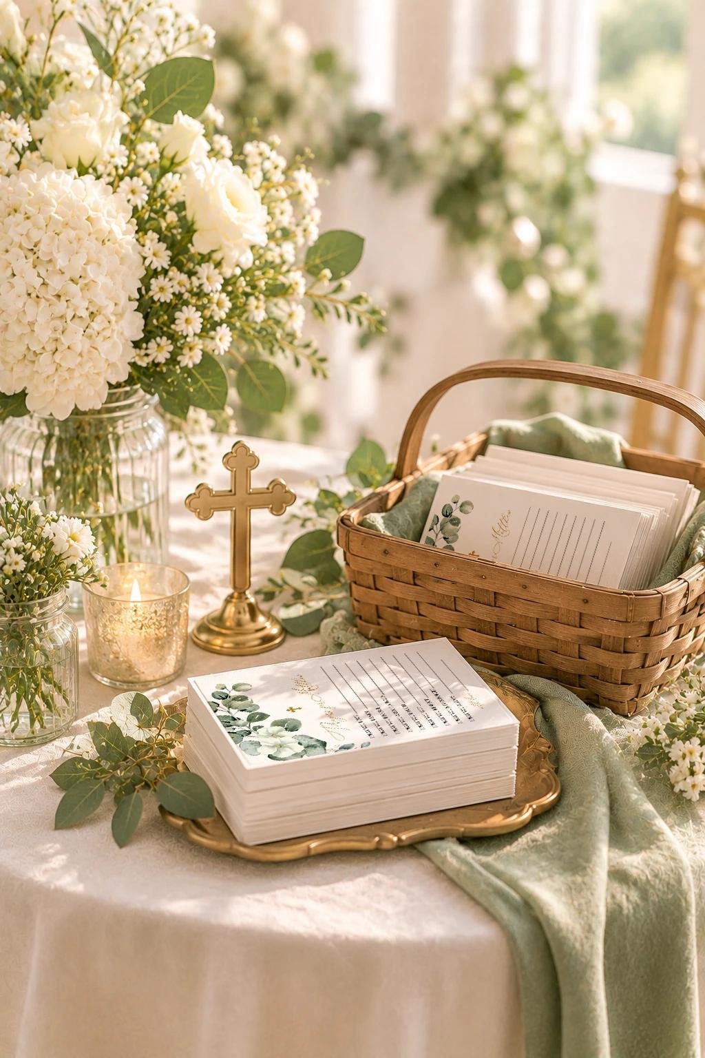 Baptism blessing cards in a basket and on a gold tray with a gold cross