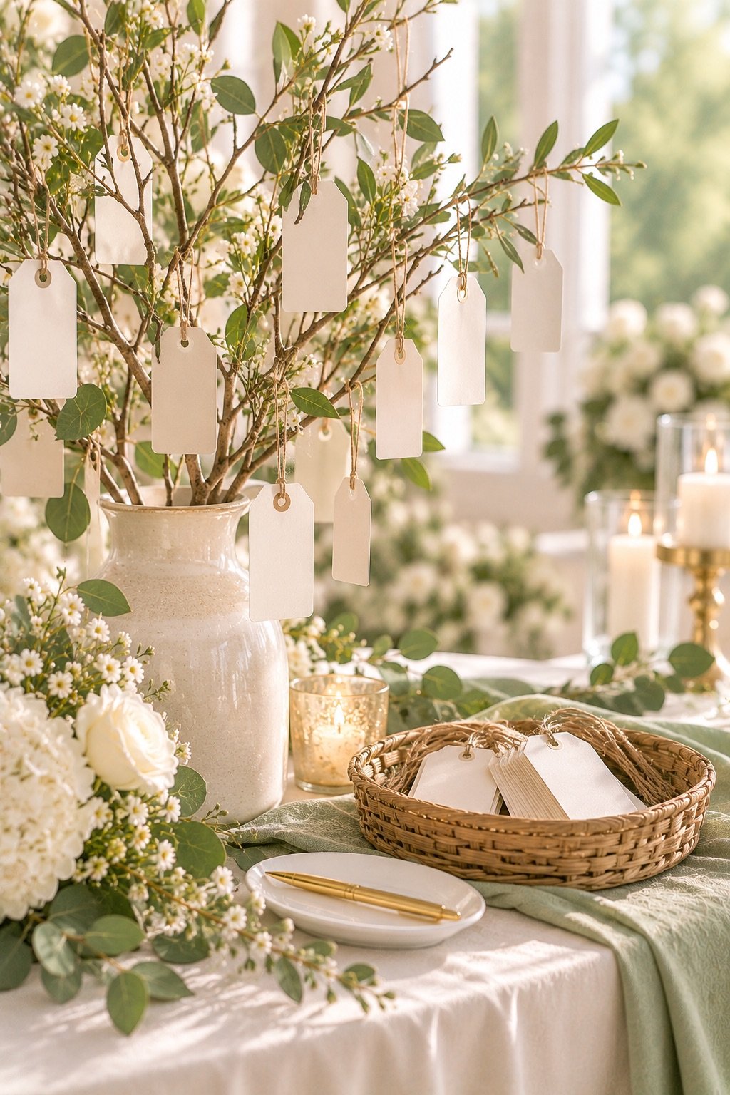 Wish tree tabletop display for a baptism party