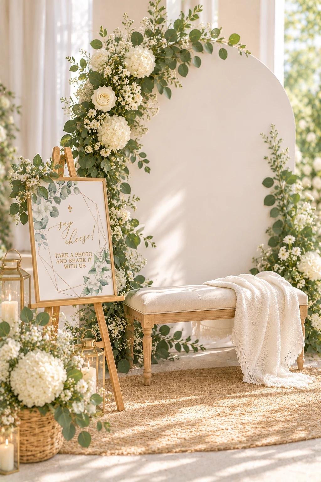 Baptism photo corner with a say cheese sign on a gold easel, arch backdrop and bench