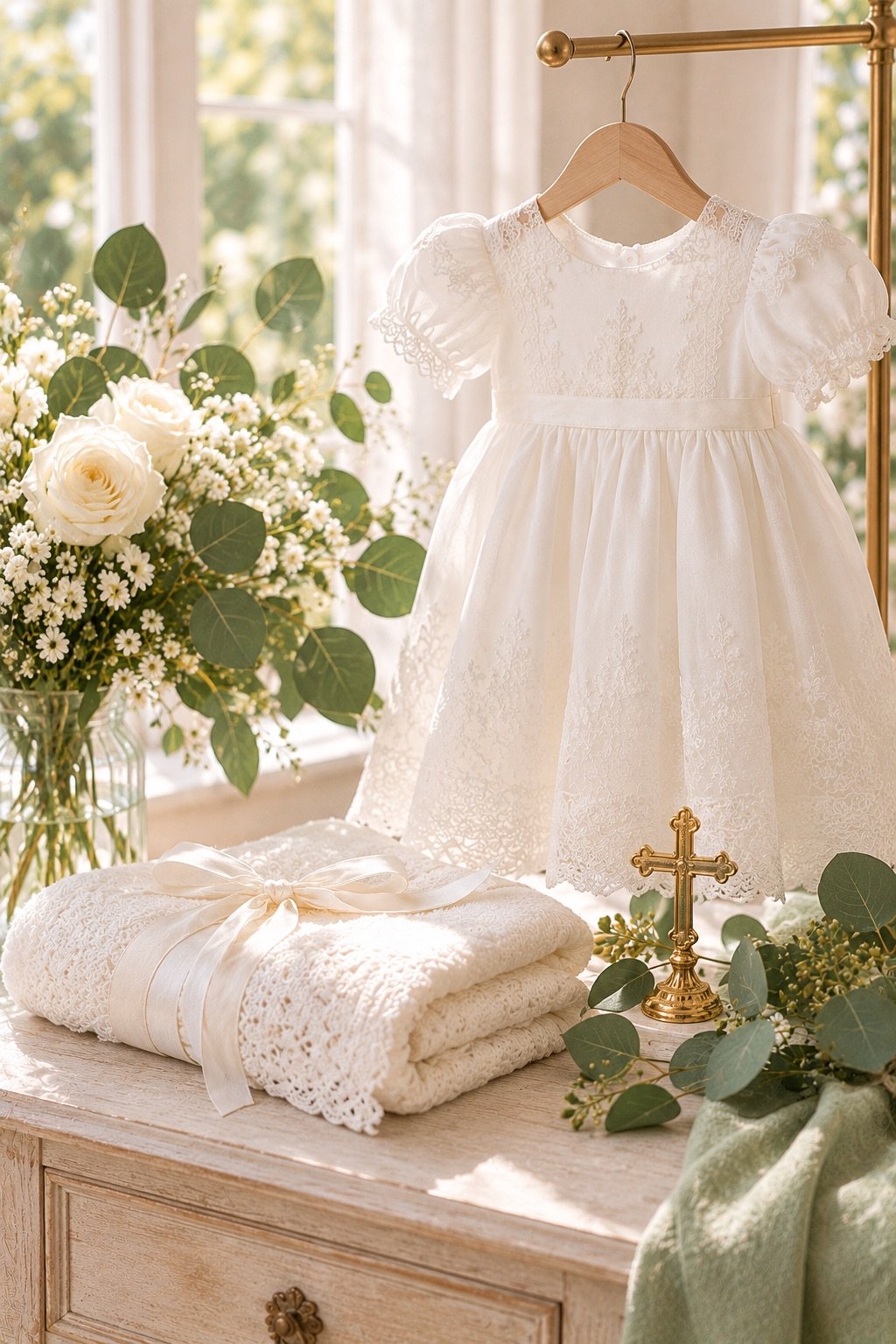 Christening gown displayed with a gold cross and eucalyptus