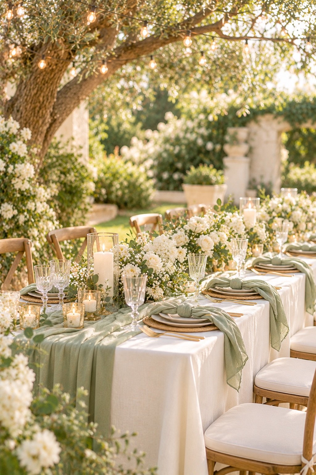 Garden baptism lunch table with white linen and string lights