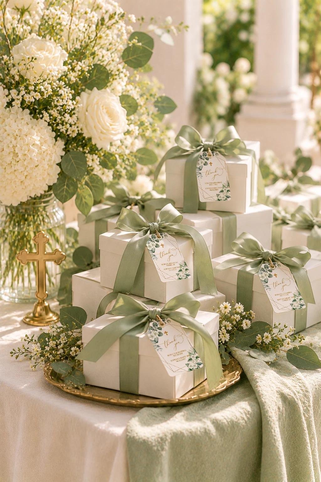 Baptism thank-you gift boxes with sage ribbon and eucalyptus thank you tags